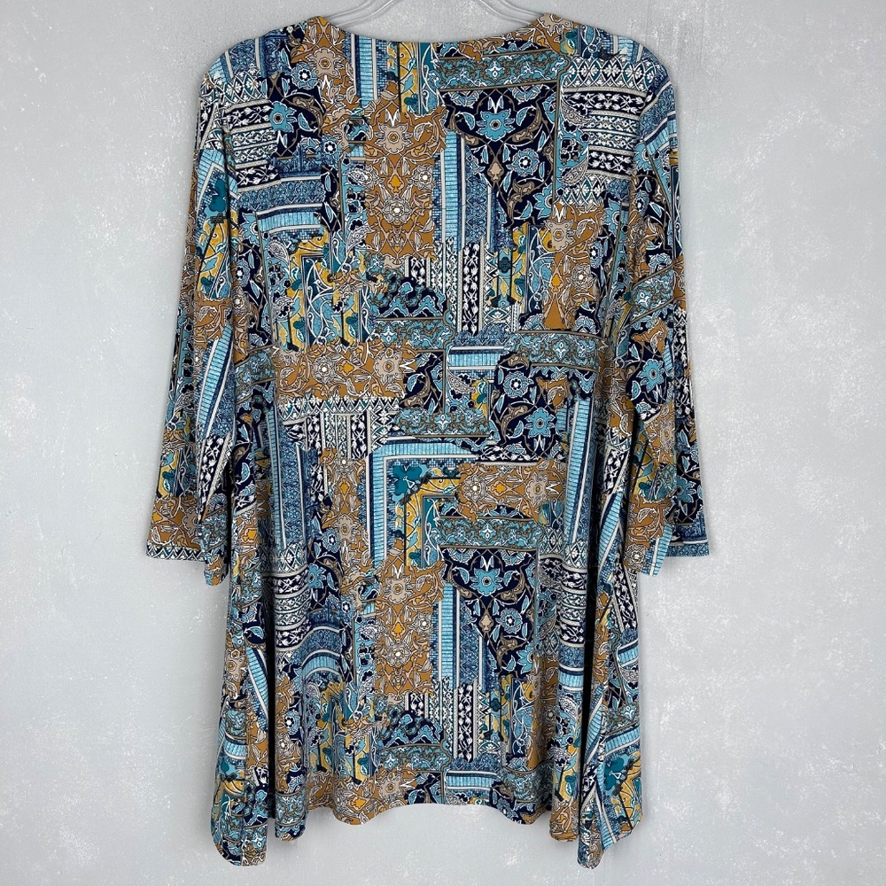 Chicos tunic top size 2 Large blue patchwork 3/4 sleeve stretch knit - Picture 7 of 12